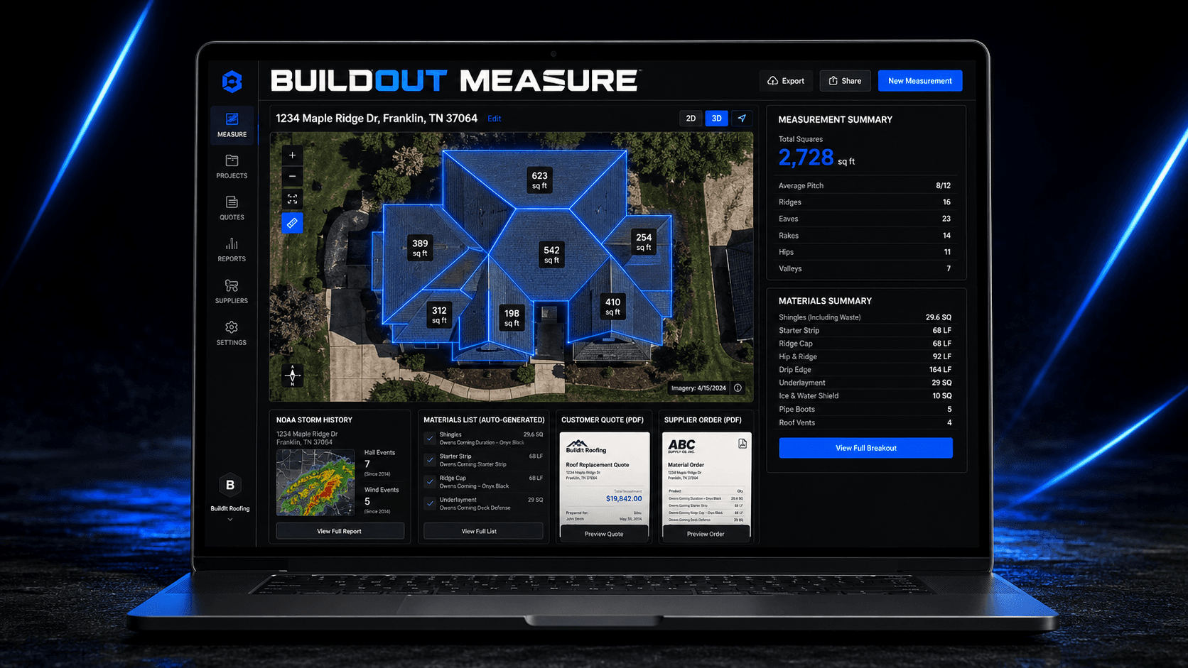 Buildout Measure — AI roof measurement dashboard showing aerial imagery with blue facet overlays, square footage summary, and quote panels