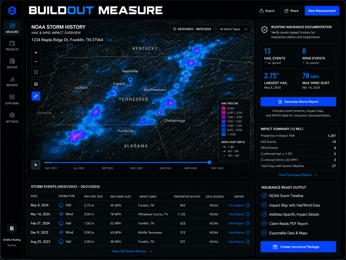NOAA storm history dashboard inside Buildout Measure — showing hail events, wind speeds, and tornado tracks on a map over the last 5 years